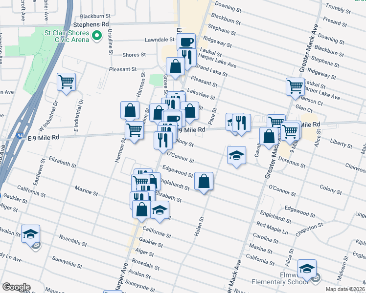 map of restaurants, bars, coffee shops, grocery stores, and more near 21604 Colony Street in St. Clair Shores