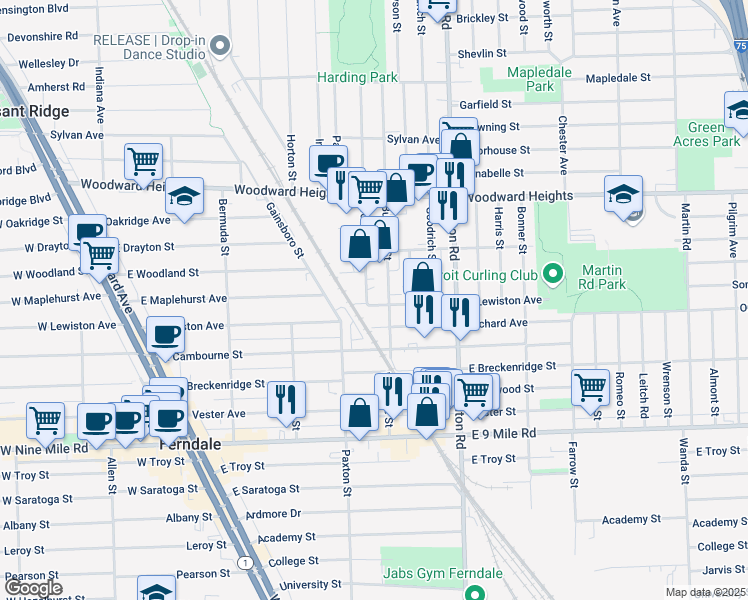 map of restaurants, bars, coffee shops, grocery stores, and more near 2301 Wolcott Street in Ferndale