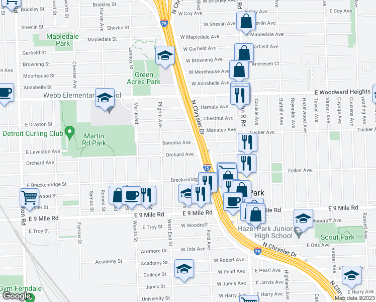 map of restaurants, bars, coffee shops, grocery stores, and more near 454 Orchard Avenue in Hazel Park