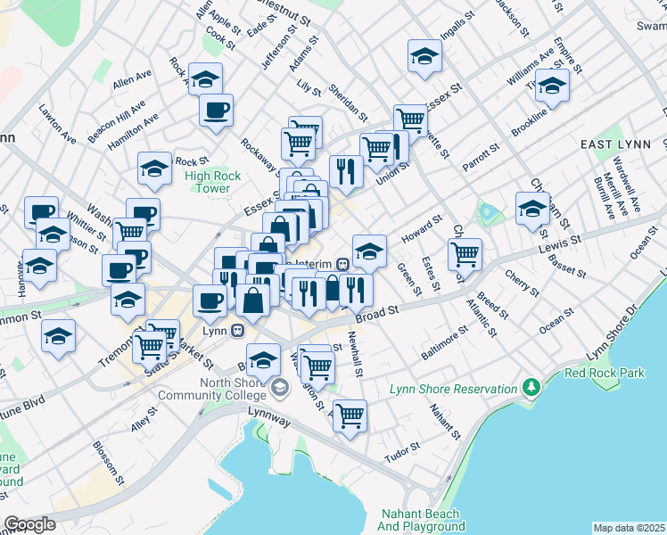 map of restaurants, bars, coffee shops, grocery stores, and more near 55 Friend Street in Lynn