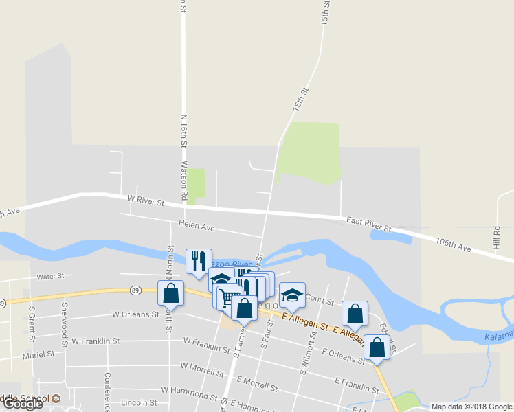 map of restaurants, bars, coffee shops, grocery stores, and more near 112 West River Street in Otsego