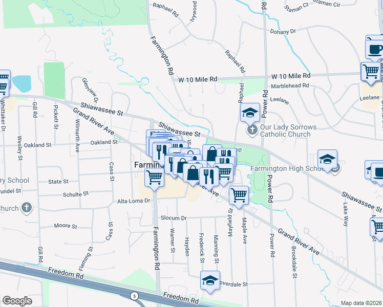 map of restaurants, bars, coffee shops, grocery stores, and more near 23620 Warner Street in Farmington