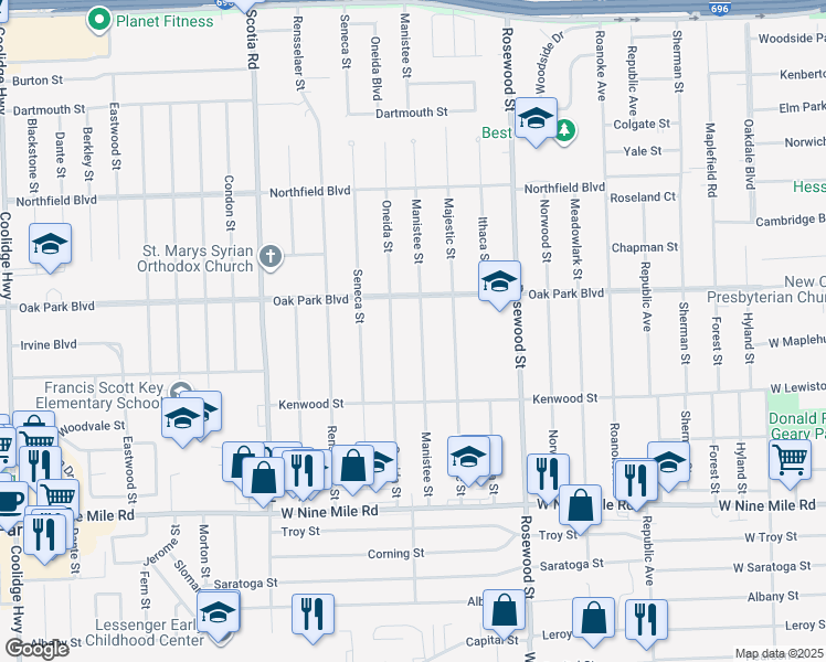 map of restaurants, bars, coffee shops, grocery stores, and more near 23540 Manistee Street in Oak Park