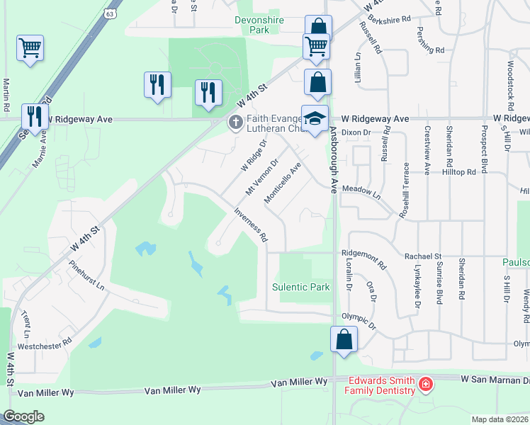 map of restaurants, bars, coffee shops, grocery stores, and more near 3386 Monticello Avenue in Waterloo
