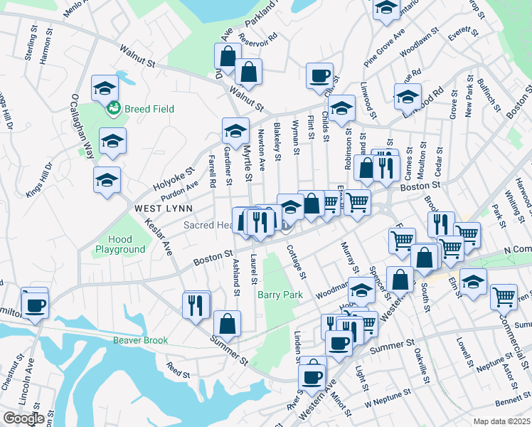 map of restaurants, bars, coffee shops, grocery stores, and more near 34 Perley Street in Lynn