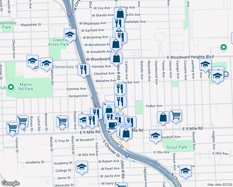 map of restaurants, bars, coffee shops, grocery stores, and more near 61 Orchard Avenue in Hazel Park