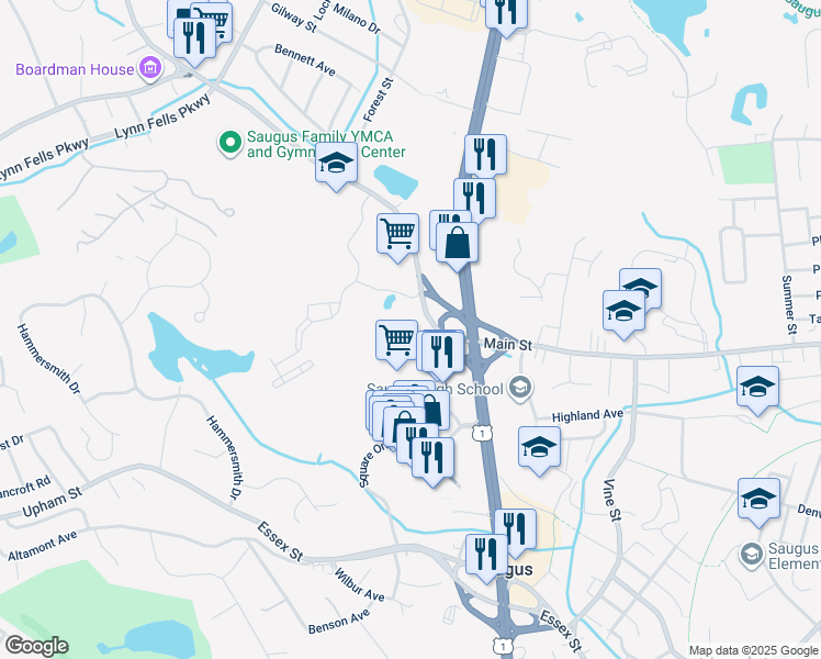map of restaurants, bars, coffee shops, grocery stores, and more near 180 Main Street in Saugus