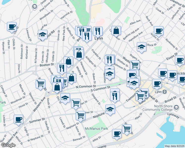 map of restaurants, bars, coffee shops, grocery stores, and more near 31 Baker Street in Lynn