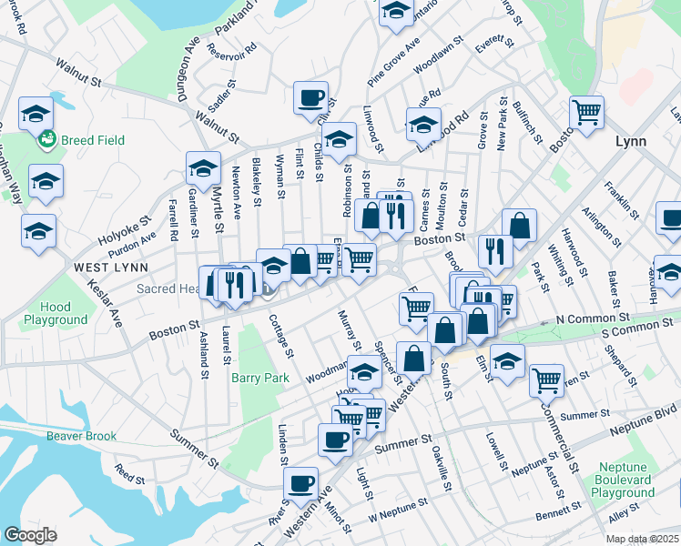 map of restaurants, bars, coffee shops, grocery stores, and more near 515 Boston Street in Lynn