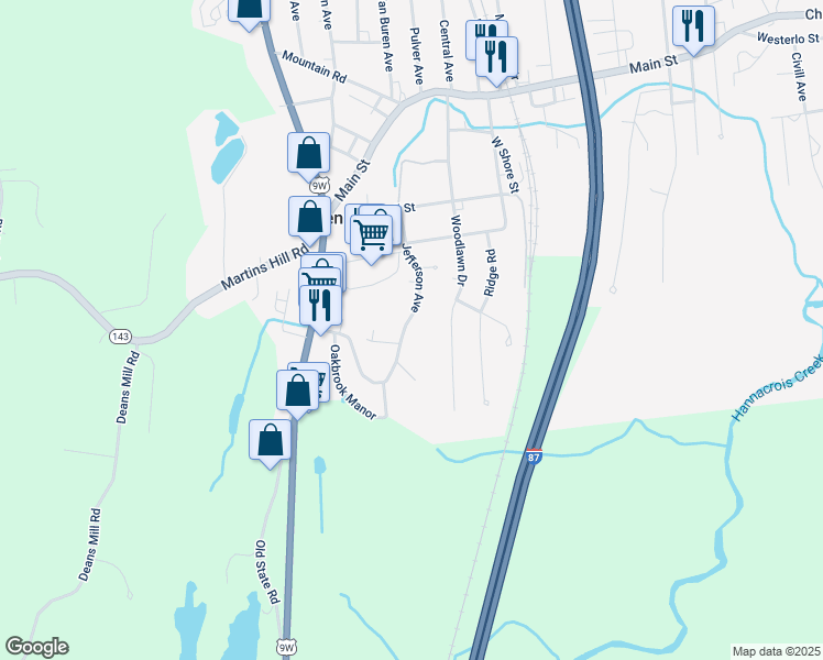 map of restaurants, bars, coffee shops, grocery stores, and more near 7 Jefferson Avenue in Ravena