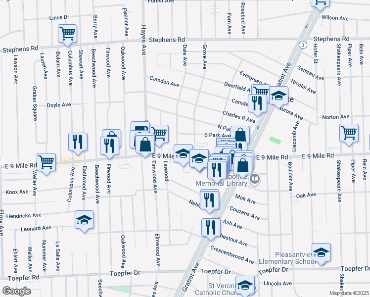map of restaurants, bars, coffee shops, grocery stores, and more near 15329 East 9 Mile Road in Eastpointe