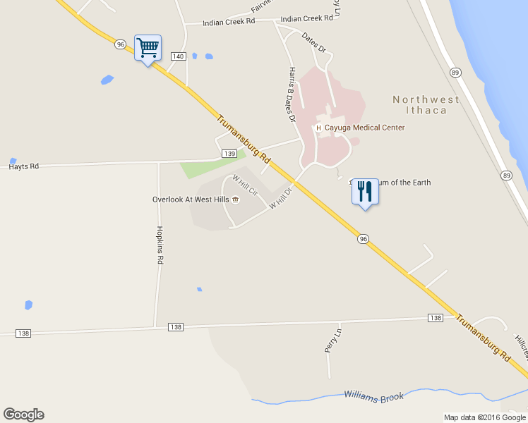 map of restaurants, bars, coffee shops, grocery stores, and more near West Hill Drive in Ithaca