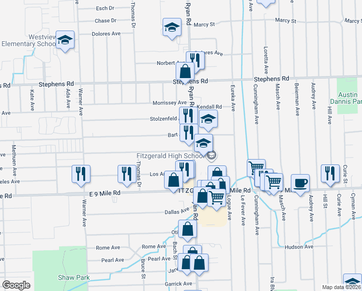 map of restaurants, bars, coffee shops, grocery stores, and more near 4055 Capitol Avenue in Warren