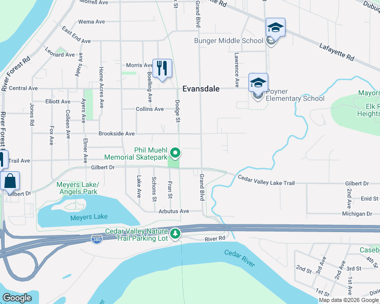 map of restaurants, bars, coffee shops, grocery stores, and more near 326-328 Bellefontaine St in Evansdale