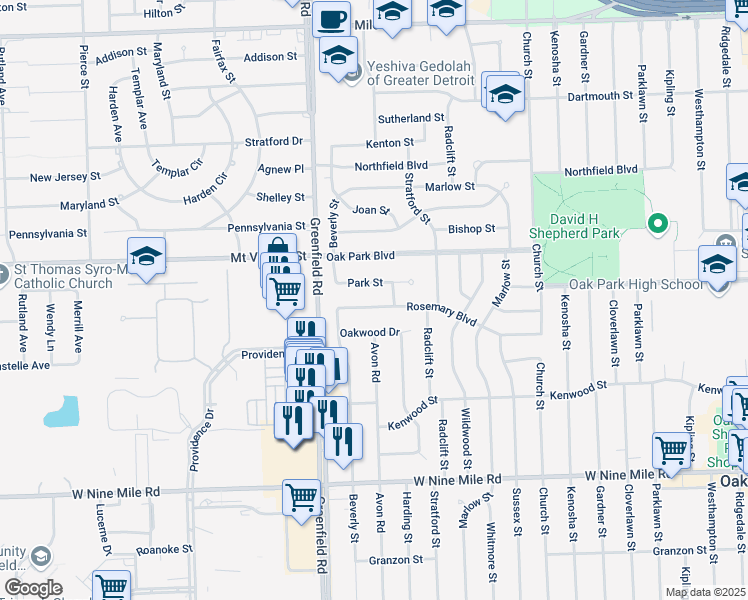 map of restaurants, bars, coffee shops, grocery stores, and more near 15330 Rosemary Boulevard in Oak Park