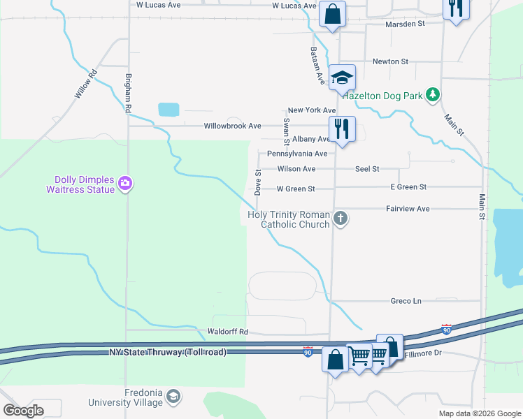 map of restaurants, bars, coffee shops, grocery stores, and more near 35 Lafayette Avenue in Dunkirk
