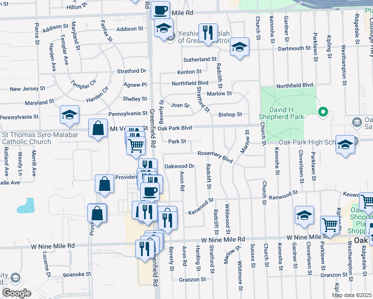 map of restaurants, bars, coffee shops, grocery stores, and more near 15330 Rosemary Boulevard in Oak Park