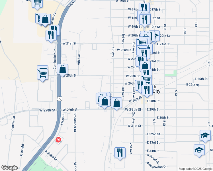 map of restaurants, bars, coffee shops, grocery stores, and more near 614 West 26th Street in South Sioux City