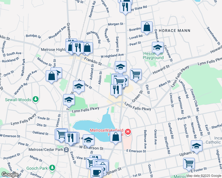 map of restaurants, bars, coffee shops, grocery stores, and more near 49 Melrose Street in Melrose