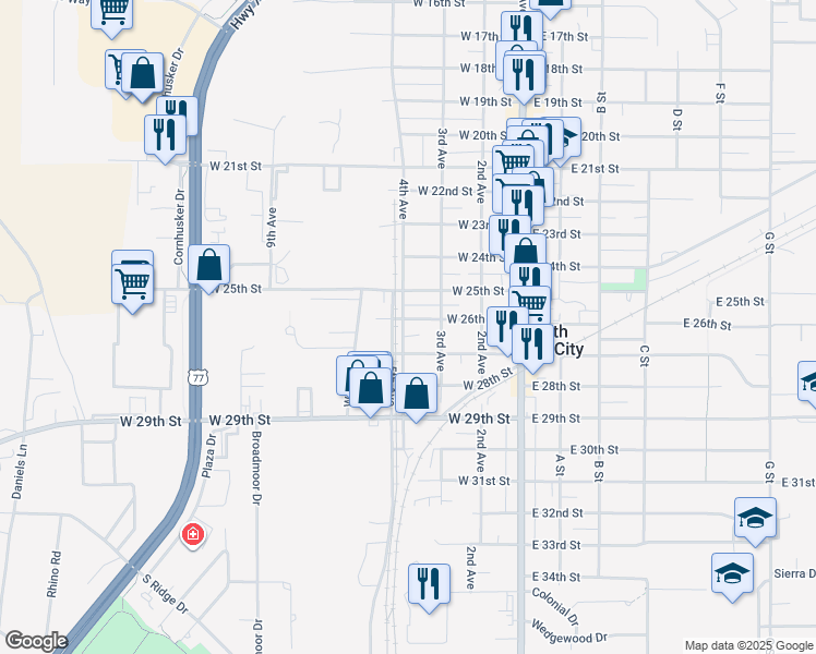 map of restaurants, bars, coffee shops, grocery stores, and more near 414 West 26th Street in South Sioux City