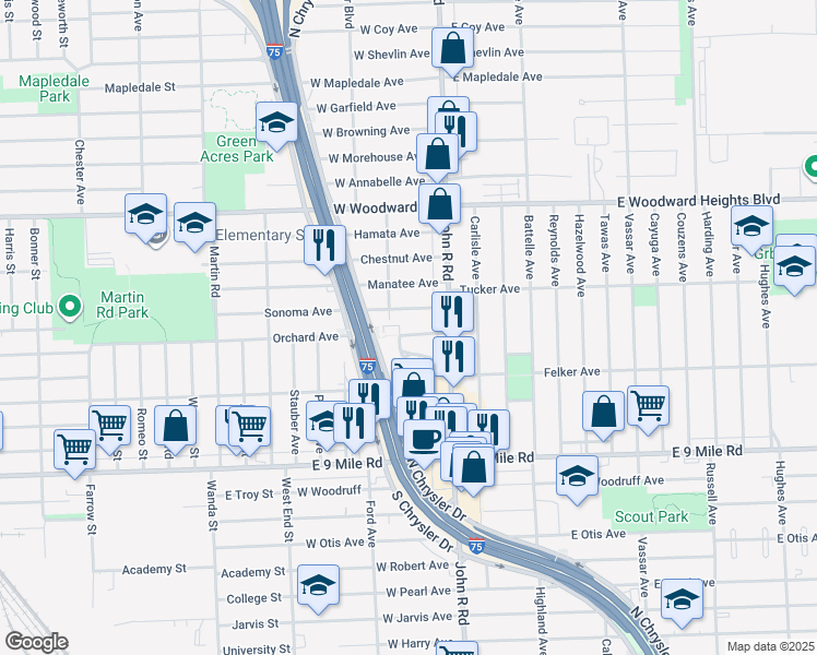 map of restaurants, bars, coffee shops, grocery stores, and more near 88 Orchard Avenue in Hazel Park