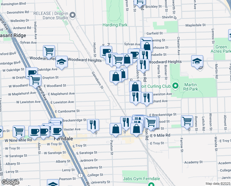 map of restaurants, bars, coffee shops, grocery stores, and more near 2301 Wolcott Street in Ferndale