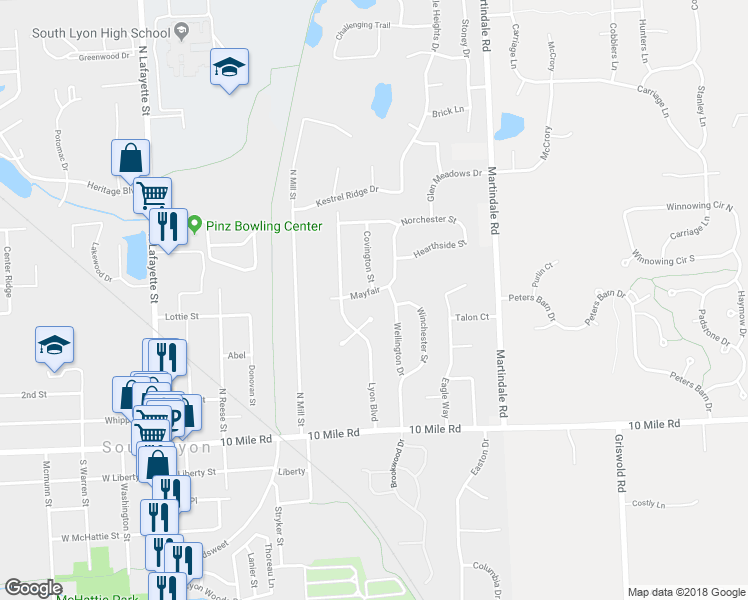 map of restaurants, bars, coffee shops, grocery stores, and more near 658 Mayfair in South Lyon