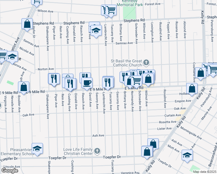 map of restaurants, bars, coffee shops, grocery stores, and more near 17534 East 9 Mile Road in Eastpointe