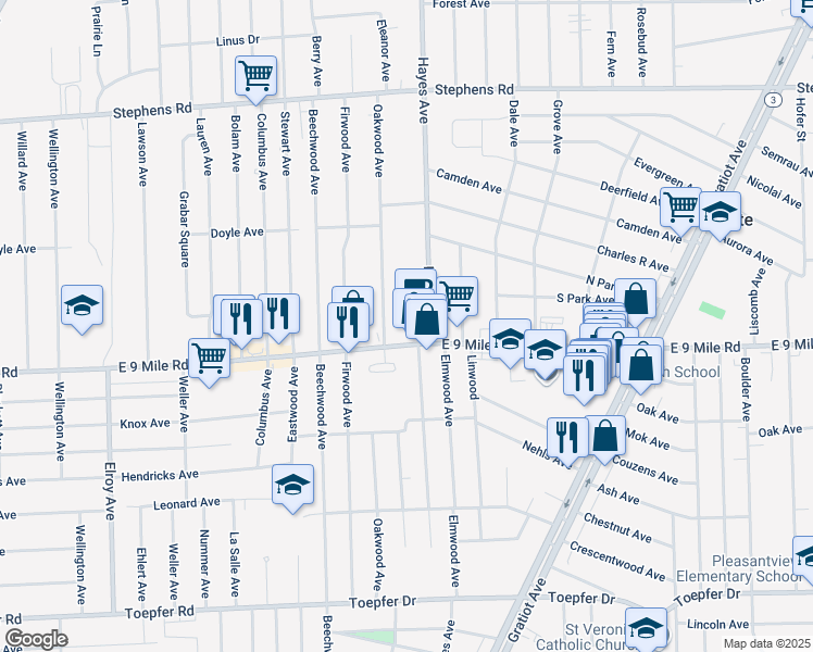 map of restaurants, bars, coffee shops, grocery stores, and more near 14907 East 9 Mile Road in Eastpointe