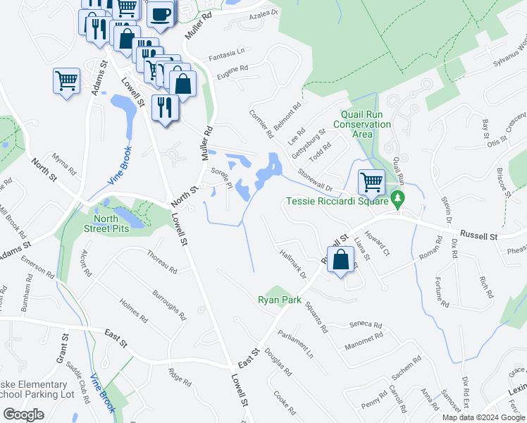 map of restaurants, bars, coffee shops, grocery stores, and more near 21 Hallmark Drive in Woburn