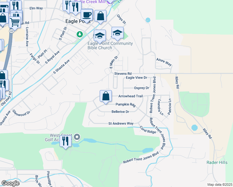 map of restaurants, bars, coffee shops, grocery stores, and more near 985 Arrowhead Trail in Eagle Point