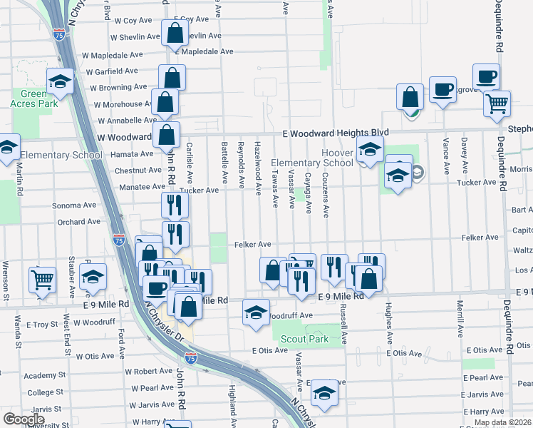 map of restaurants, bars, coffee shops, grocery stores, and more near 23368 Hazelwood Avenue in Hazel Park