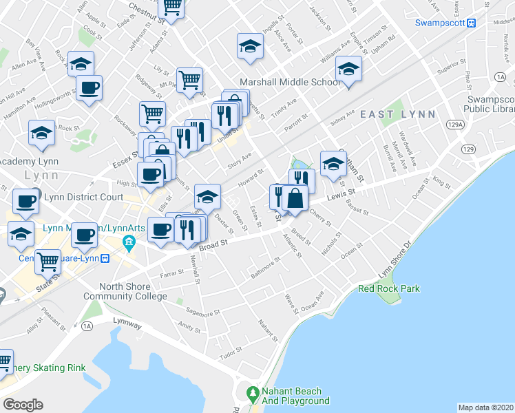 map of restaurants, bars, coffee shops, grocery stores, and more near 41 Estes Street in Lynn