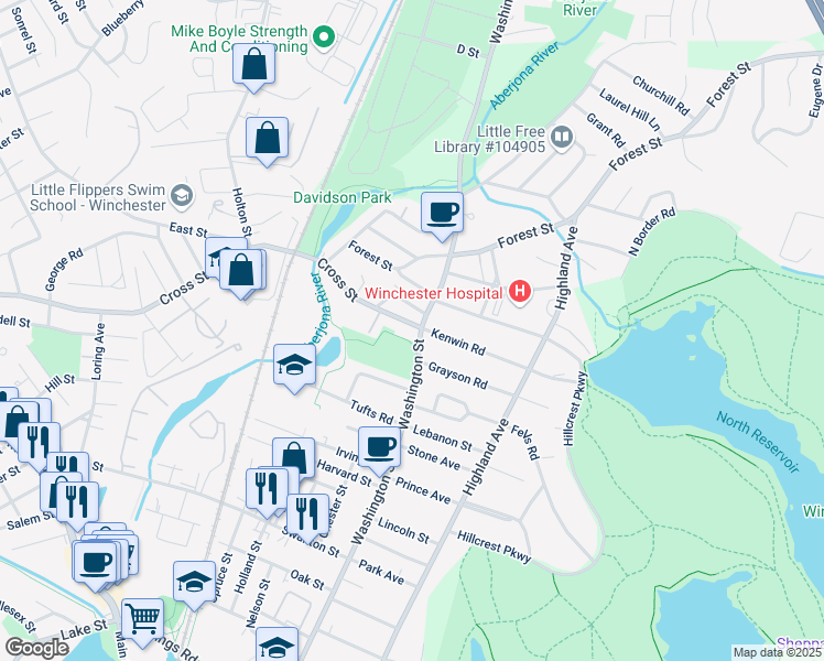 map of restaurants, bars, coffee shops, grocery stores, and more near 484 Washington Street in Winchester