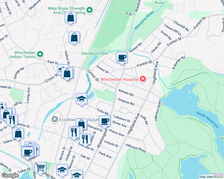 map of restaurants, bars, coffee shops, grocery stores, and more near 484 Washington Street in Winchester