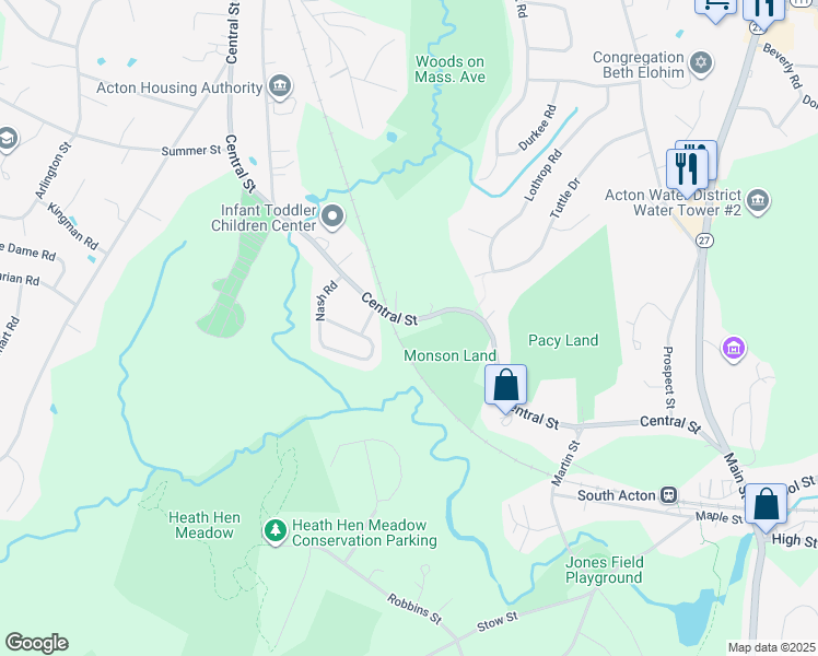 map of restaurants, bars, coffee shops, grocery stores, and more near 114 Central Street in Acton