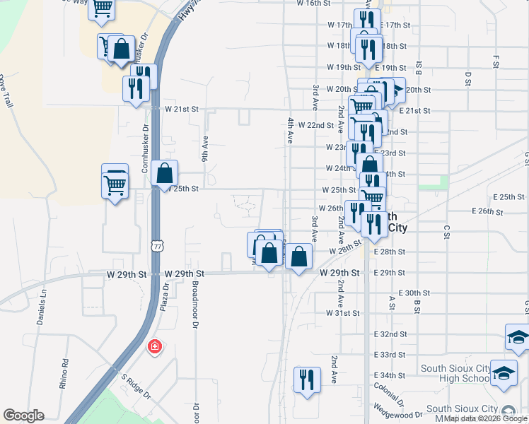 map of restaurants, bars, coffee shops, grocery stores, and more near 614 West 26th Street in South Sioux City