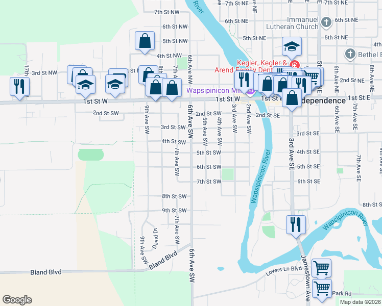 map of restaurants, bars, coffee shops, grocery stores, and more near 501 6th Avenue Southwest in Independence