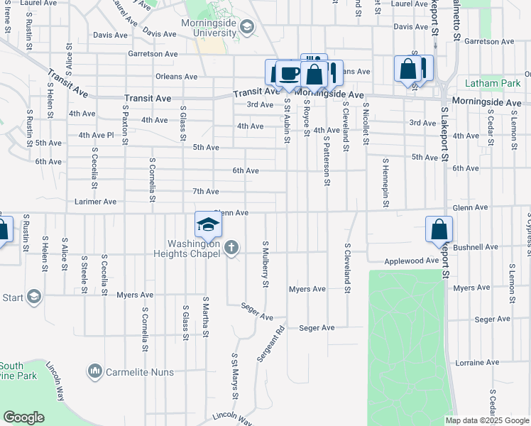 map of restaurants, bars, coffee shops, grocery stores, and more near 2500 South Mulberry Street in Sioux City