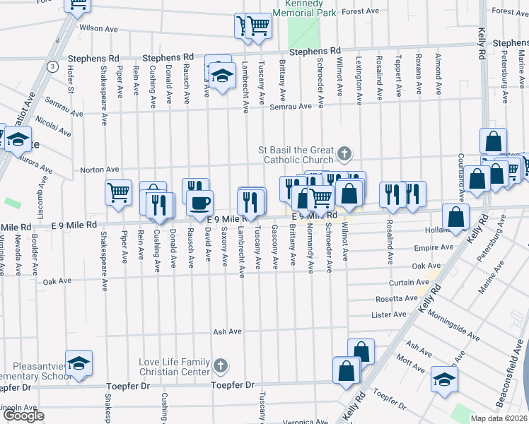 map of restaurants, bars, coffee shops, grocery stores, and more near 17650 East 9 Mile Road in Eastpointe