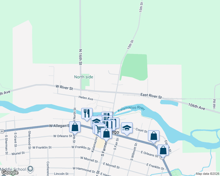 map of restaurants, bars, coffee shops, grocery stores, and more near 112 West River Street in Otsego