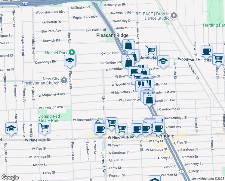 map of restaurants, bars, coffee shops, grocery stores, and more near 341 West Maplehurst Avenue in Ferndale