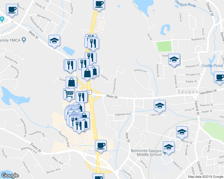 map of restaurants, bars, coffee shops, grocery stores, and more near 12 Longwood Avenue in Saugus
