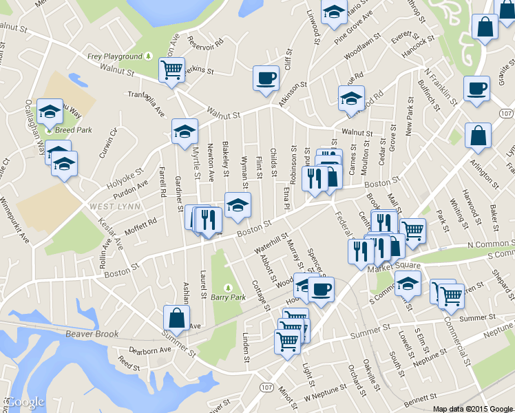 map of restaurants, bars, coffee shops, grocery stores, and more near 12 Flint Street in Lynn