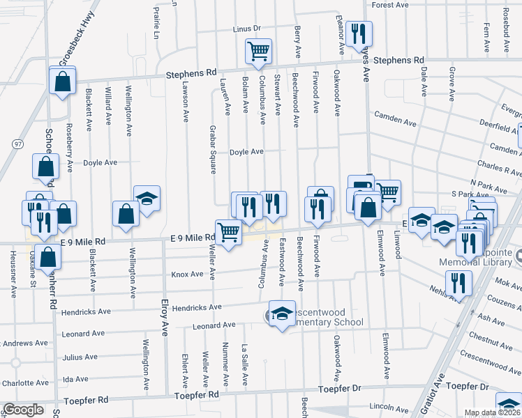 map of restaurants, bars, coffee shops, grocery stores, and more near 23032 Bolam Avenue in Warren