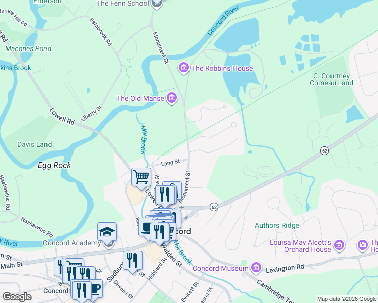 map of restaurants, bars, coffee shops, grocery stores, and more near 140 Monument Street in Concord