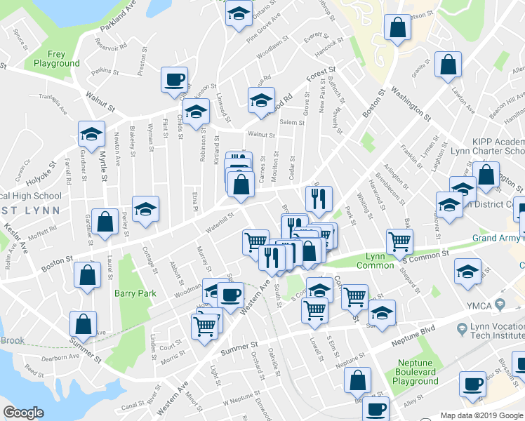 map of restaurants, bars, coffee shops, grocery stores, and more near 86 Centre Street in Lynn