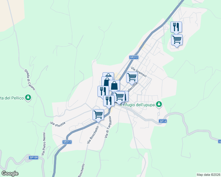 map of restaurants, bars, coffee shops, grocery stores, and more near Strada Statale 312 Castrese in Canino