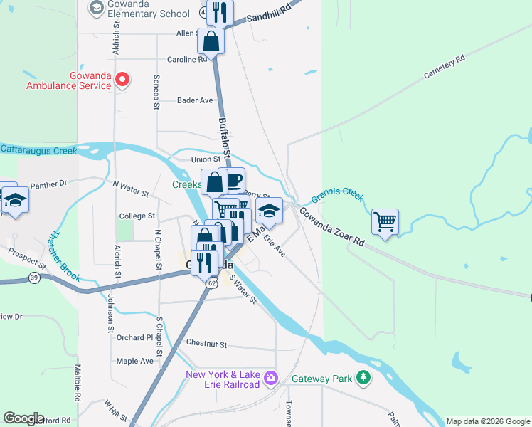 map of restaurants, bars, coffee shops, grocery stores, and more near 64 East Main Street in Gowanda