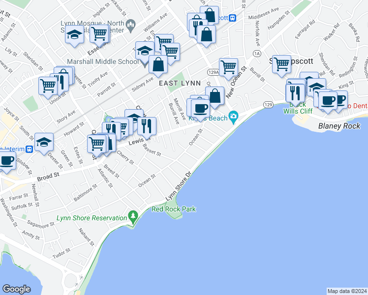 map of restaurants, bars, coffee shops, grocery stores, and more near 131 Ocean Street in Lynn